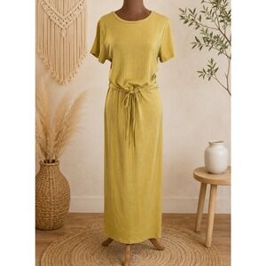 Hem & Thread Maxi Dress Womens Large Mustard Yellow Textured Drawstring Boho NWT